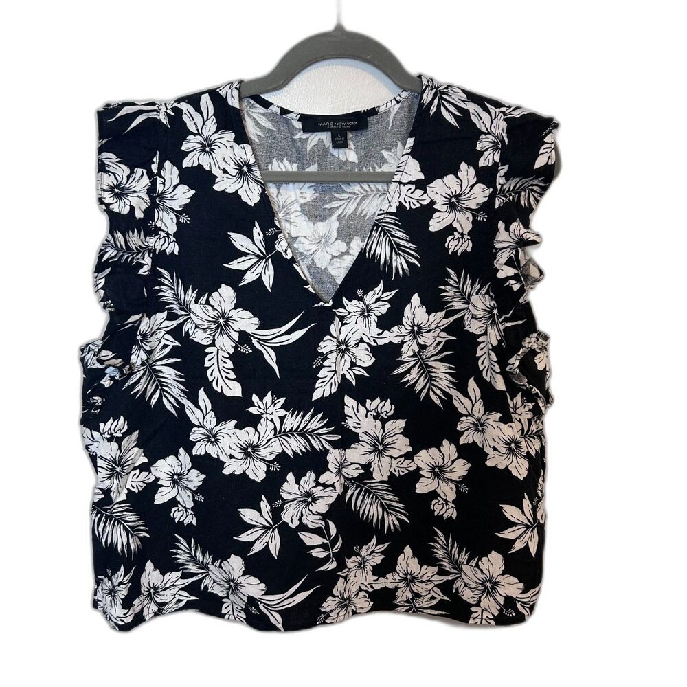 Marc New York Andrew Marc Women’s Linen Blend Floral Ruffle Sleeve Top Large